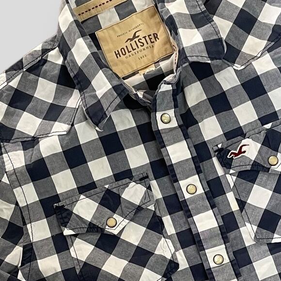 HOLLISTER BUTTON DOWN LONG SLEEVE SNAP SHIRT PLAID CHECK BLUE WHITE PLAID MEDIUM - Picture 3 of 8
